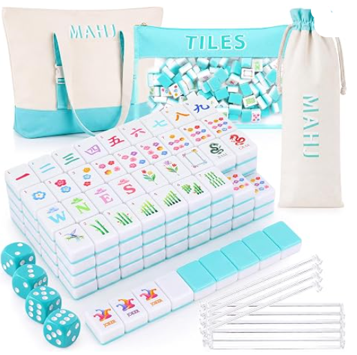 All-in-One Complete Mahjong set with Fancy Tiles, Rack Pushers, 4 Dice, 3 Carrying Bags Accessories
