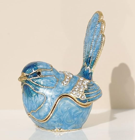 Exquisite Hand-Painted Enamel Blue Bird Dice Box Hinged Rhinestone