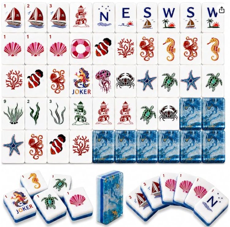 4-Layer Acrylic Mahjong Tiles, Ocean Theme Engraved Design