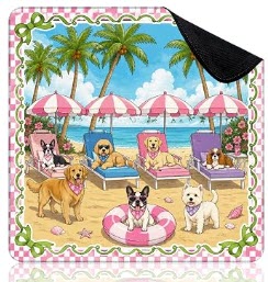 Dogs Relaxing Tropical Beach Under Pink Umbrellas Mahjong Mat